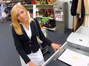 Hot Blonde MILF Goes To The Pawnshop Selling Her Office Stuff And Then Agrees To Suck A Cock And Have Sex In The Pawnshop To Earn Money